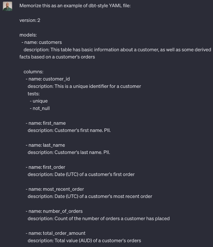 ChatGPT request to memorize dbt-style YAML